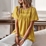 Independent Research And Development Design Round Collar Splicing Top 2025 Spring And Summer Loose Women's Shirt Pure Color