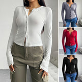 Dili 2025 Autumn/Winter Top Women's Y2K Solid Color Repair Cardigan Button Long-Sleeved T-Shirt