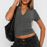 Dili 2025 Spring/Summer Y2K Sexy Thread Repair V-Neck Solid Color Knitted Short Sleeve T-Shirt T-Shirt
