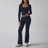 Dili 2025 Autumn And Winter Pure Color Casual Knitted Long-Sleeved Top Yoga Suit Two Pants Set
