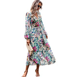 Dili Women's Clothing 2025 Autumn Holiday Leisure Print V Collar Long-Sleeved Dress