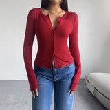 Dili 2025 Autumn/Winter Top Women's Y2K Solid Color Repair Cardigan Button Long-Sleeved T-Shirt