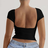 Kaiku 2025 Spring And Summer Pure Color Round Collar Leakage Back Short Sleeve Sexy Body Y2K Top T-Shirt Women's Clothing