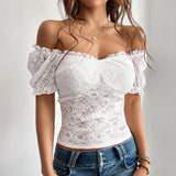 Dili 2025 Spring And Summer Sexy Hollow Open Umbilical Repair Body Shoulder Lace Top Dress Women