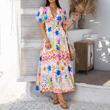 Dili 2025 Spring/Summer Leisure Bomichian Holiday Wind Print Clammed V Collegiant High Waist Short Sleeve Dress