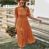 Solid-Color Leisure Holiday Dress 2026 Spring And Summer Collar Big Swing Skirt Lotus Leaf Side