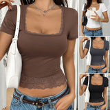 Dili 2025 Spring/Summer Blouse Women's Y2K Sexy Solid Color U-Neck Lace Spliced Bm Short-Sleeved T-Shirt