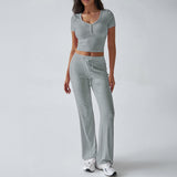 Dili 2025 Spring/Summer Women's Y2K Sports Casual Style U-Neck T-Shirt Trousers Knitted Two-Piece Set