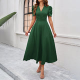 Dili 2025 Spring And Summer Temperament Elegant Solid Color High-Waisted Vneck Solid Color Short-Sleeved Dress Dress Women's Dress