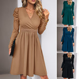 Dili 2025 Autumn And Winter Women's Temperament Elegant And Clean Color V-Neck Long-Sleeved Dress
