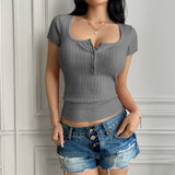 Dilu 2025 Spring/Summer Y2K Sexy Solid Color U-Neck Button Color Weaving Short Sleeve T-Shirt T-Shirt