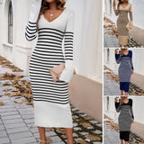 Dili Women's Clothing 2025 Autumn And Winter Repair Sexy Deep V Bump Color Striped Sweater Dress