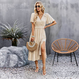 Dili Solid Color V-Neck Dress 2026 Temperament Open Fork Dress With Thin Short Sleeves