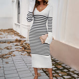Dili Women's Clothing 2025 Autumn And Winter Repair Sexy Deep V Bump Color Striped Sweater Dress