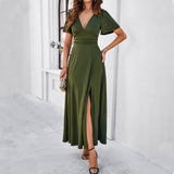 Dili Women's Clothing 2025 Spring And Summer Temperament Elegant Body Solid Color V-Neck Open Fork Dress