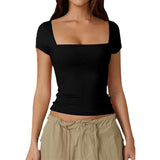 Dili 2025 Spring/Summer T-Shirt Women's Casual Square Neck Solid Color Short-Sleeved Woman