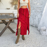 Dili 2025 Spring And Summer Leisure Holiday Wind Solid Color Lace Lace Lace Belt In The Middle Half Dress Woman