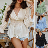 Dili 2025 Spring/Summer Leisure Holiday Style V-Neck Solid Color Collar With Waist Shirt Women's T-Shirt