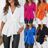 Dili Women's Clothing 2025 Spring And Summer V Neck Pure Color Elegant Five-Point Sleeve Strap Tidling Waist Top