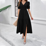 Dili 2025 Spring And Summer Women's Dress Your Temperament Solid Color V Collar Short Sleeves Long Dress