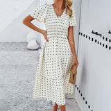 Dili Women's Dress 2025 Spring And Summer Temperament Casual Play Marsley Wave Point V Collar Short-Sleeved Dress