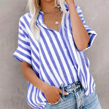Dili 2025 Spring/Summer Leisure Commuter Print Striped Collider Short Sleeves R-Shirt Shirt Women's Clothing