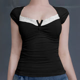 Dili 2025 Spring/Summer Y2K Sexy Knitted Lace Short-Sleeved Top Women's T-Shirt