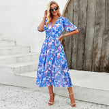 Dili Dress Women's Dress 2025 Spring And Summer Holiday Printing Waist V Neck Chiffon Short Sleeve Dress