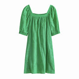 Dili Solid Color Square Dress Woman 2025 Summer Temperament Elegant Hollowed Out Skirt Skirt Short Sleeves