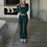 Dili 2025 Autumn And Winter Pure Color Casual Knitted Long-Sleeved Top Yoga Suit Two Pants Set