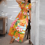 Dili 2025 Spring/Summer Leisure Bomichian Holiday Wind Print Clammed V Collegiant High Waist Short Sleeve Dress
