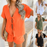 Dili 2025 Spring And Summer Leisure Solid Color Holiday Style Short Sleeves With Shorts Suit Women's Clothing