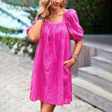 Dili Solid Color Square Dress Woman 2025 Summer Temperament Elegant Hollowed Out Skirt Skirt Short Sleeves