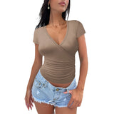 Dili 2025 Spring And Summer Y2k Solid Color Body V Collar Short-Sleeved T-Shirt Top Women's Clothing