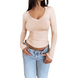 Dili 2025 Spring And Summer Women's Temperament Solid Color U-Neck Long-Sleeved Top