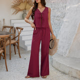 Dili 2025 Spring And Summer Women's Leisure Holiday Wind Solid Color Sleeveless Tie With Wide Legs Long Pants Set