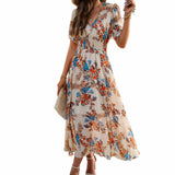 Dili Women's Clothing 2025 Spring And Summer Temperament Print Waist Short-Sleeved Dress