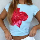 Dili 2025 Spring/Summer Y2K Top Women's Casually Fit Waist Flower Print Short-Sleeved T-Shirt