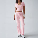 Dili 2025 Spring/Summer Women's Y2K Sports Casual Style U-Neck T-Shirt Trousers Knitted Two-Piece Set