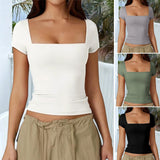 Dili 2025 Spring/Summer T-Shirt Women's Casual Square Neck Solid Color Short-Sleeved Woman